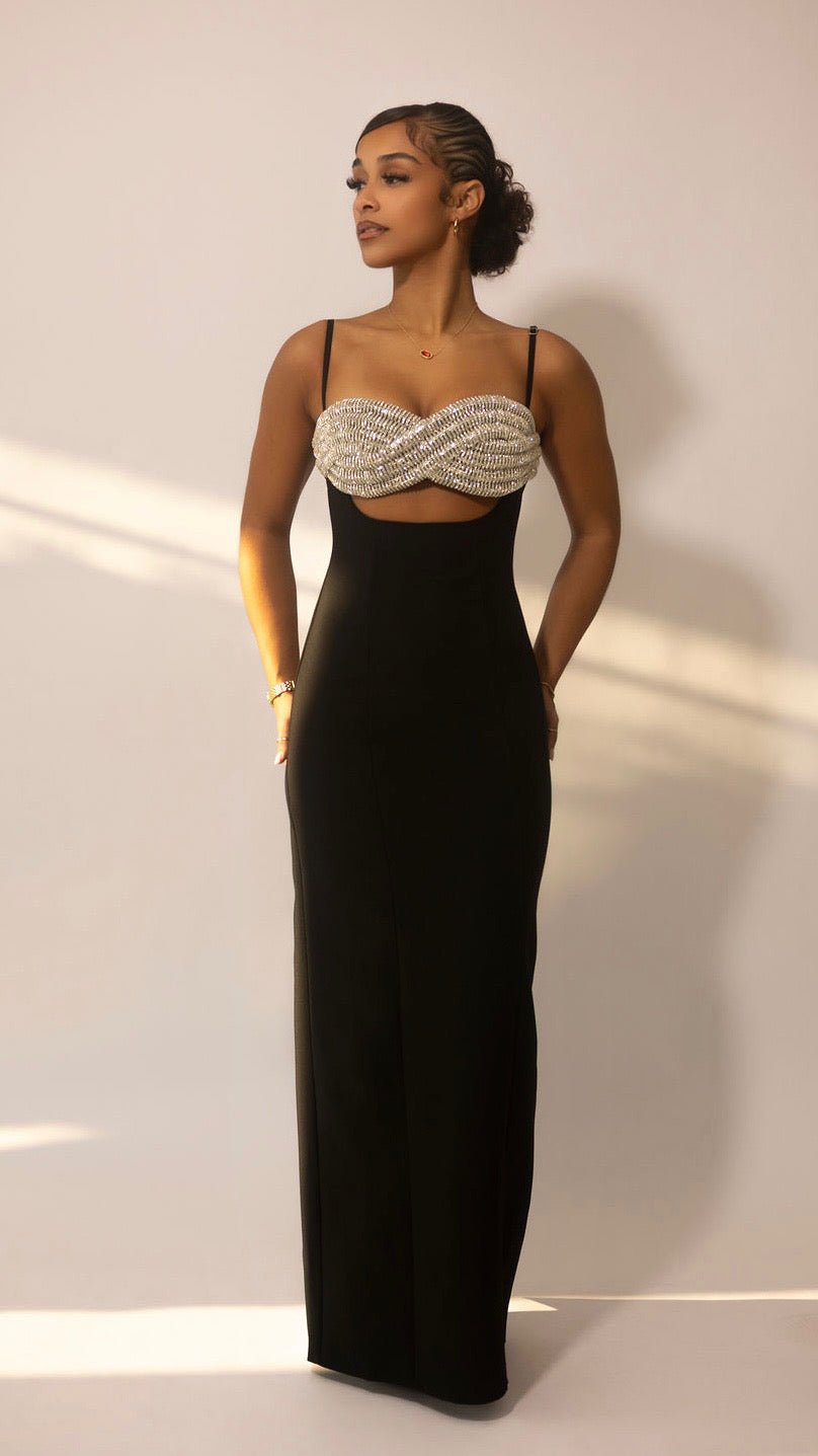 Rhinestone Twist Bust Midi Dress with Straight Silhouette | The Style Guru Medium Rhinestone Twist Bust Midi Dress with Straight Silhouette | The Style Guru Medium