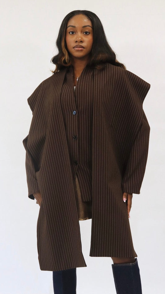 Draped Scarf Pinstripe Blazer