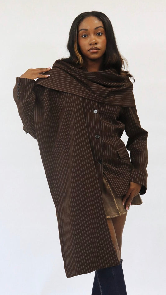 Draped Scarf Pinstripe Blazer