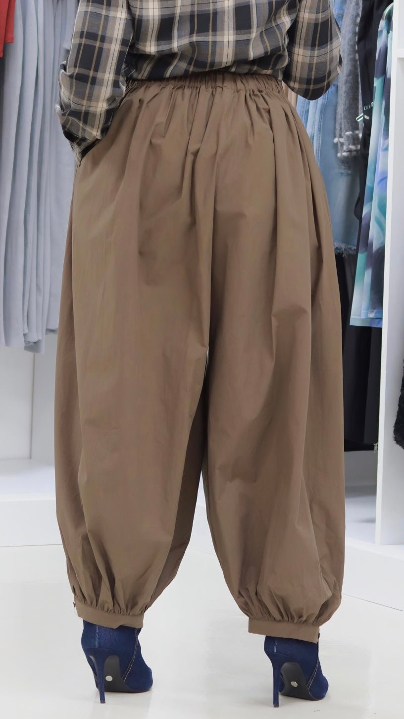 Woven Draped Balloon Harem Pants – Elastic Waist with Button