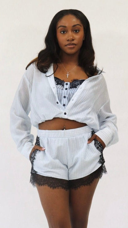 Lace Trim Pinstripe Shorts - The Style Guru