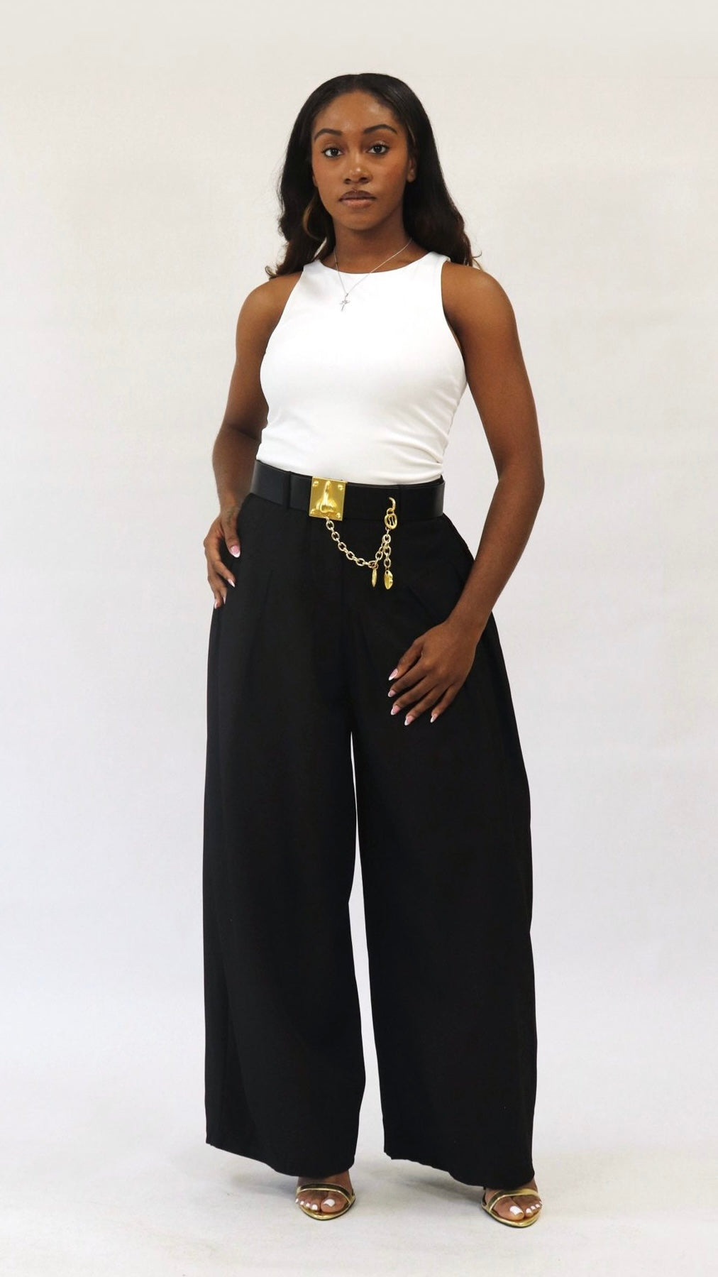 Chain Detail Pleated Barrel Pants