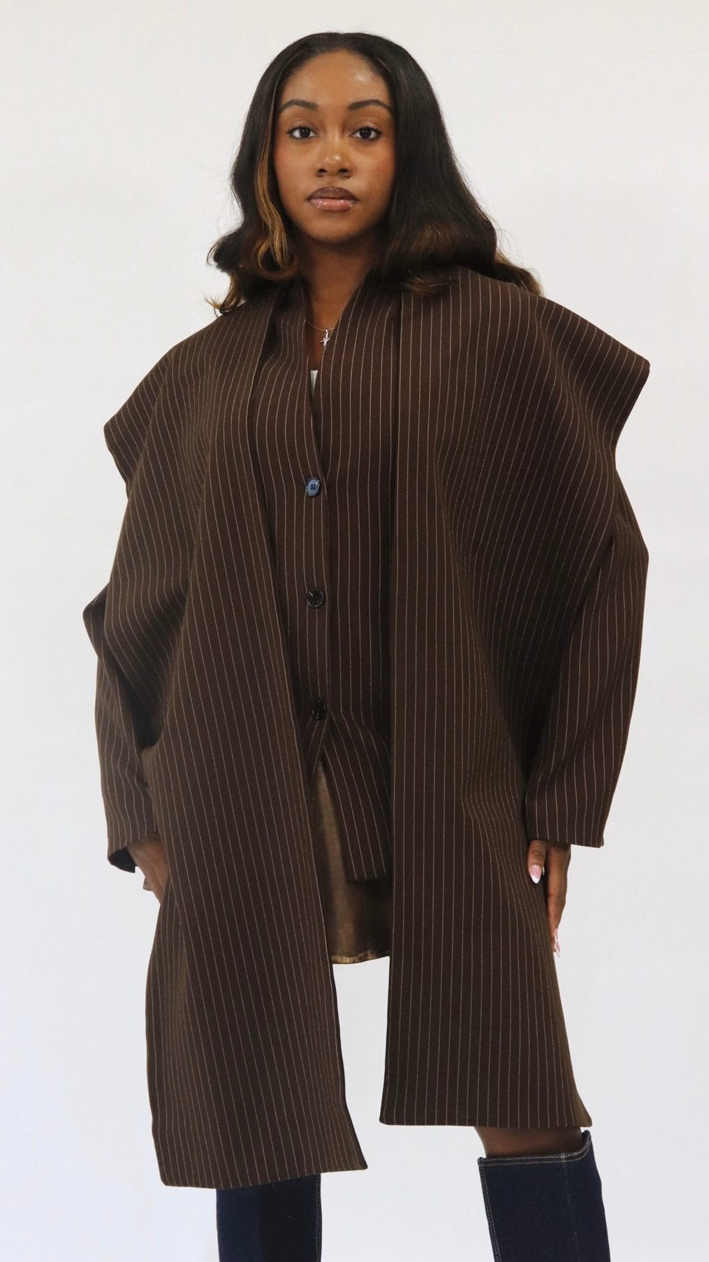 Draped Scarf Pinstripe Blazer