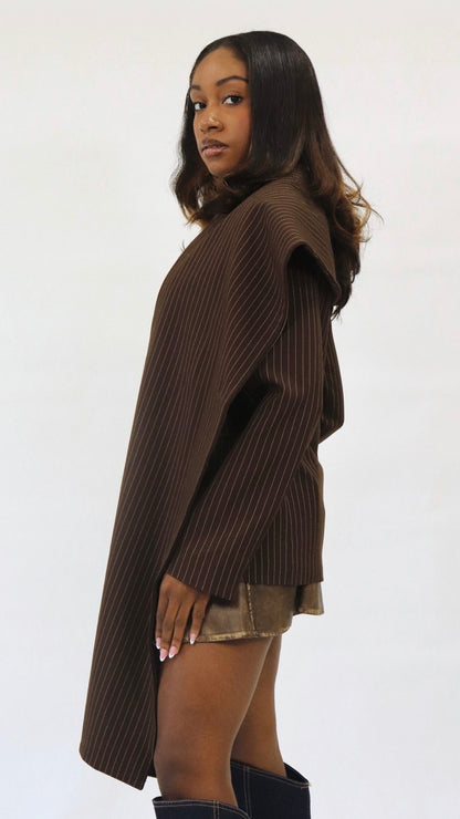Draped Scarf Pinstripe Blazer