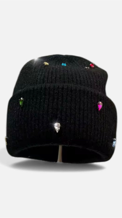 Multicolor Rhinestone Fur Knit Beanie - The Style Guru