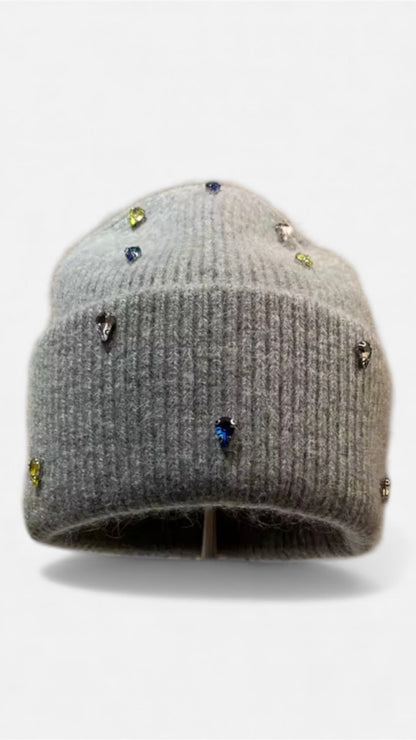 Multicolor Rhinestone Fur Knit Beanie - The Style Guru
