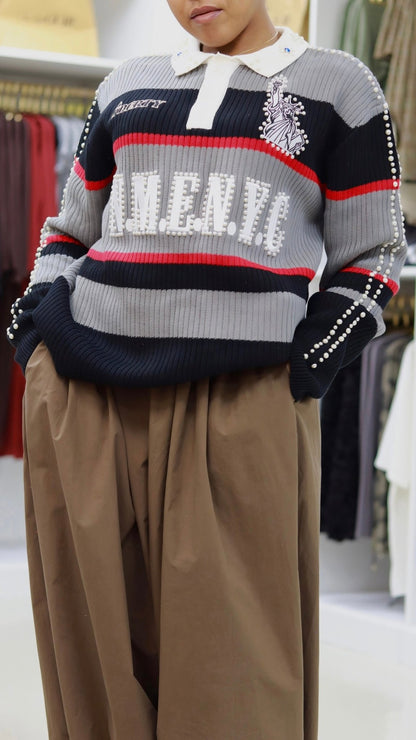 NME Rib Knit Polo Sweater with Pearl & Rhinestone Embellishments - The Style Guru