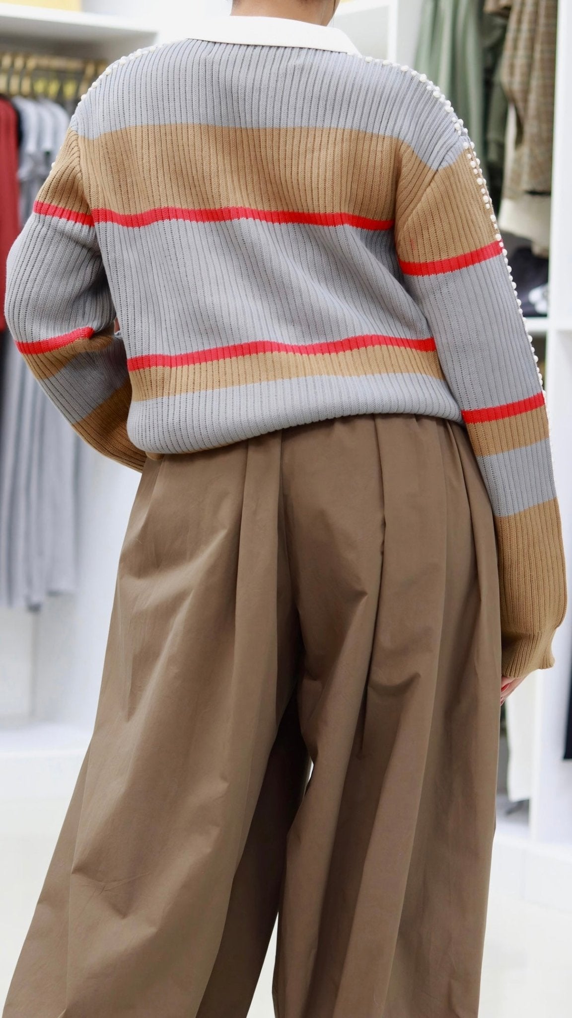 NME Rib Knit Polo Sweater with Pearl & Rhinestone Embellishments - The Style Guru