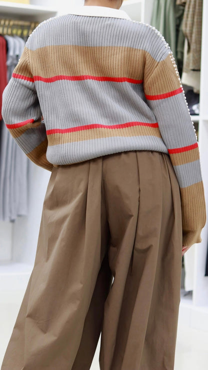 NME Rib Knit Polo Sweater with Pearl & Rhinestone Embellishments - The Style Guru