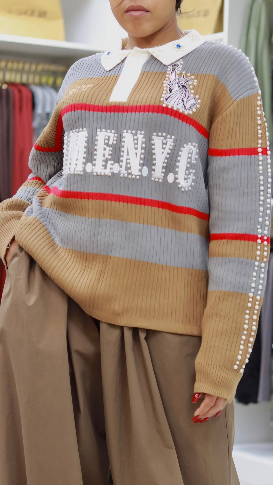 NME Rib Knit Polo Sweater with Pearl & Rhinestone Embellishments - The Style Guru