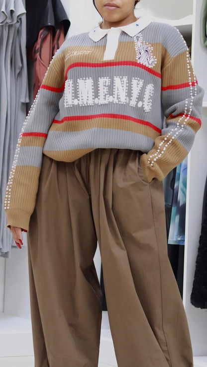 NME Rib Knit Polo Sweater with Pearl & Rhinestone Embellishments - The Style Guru