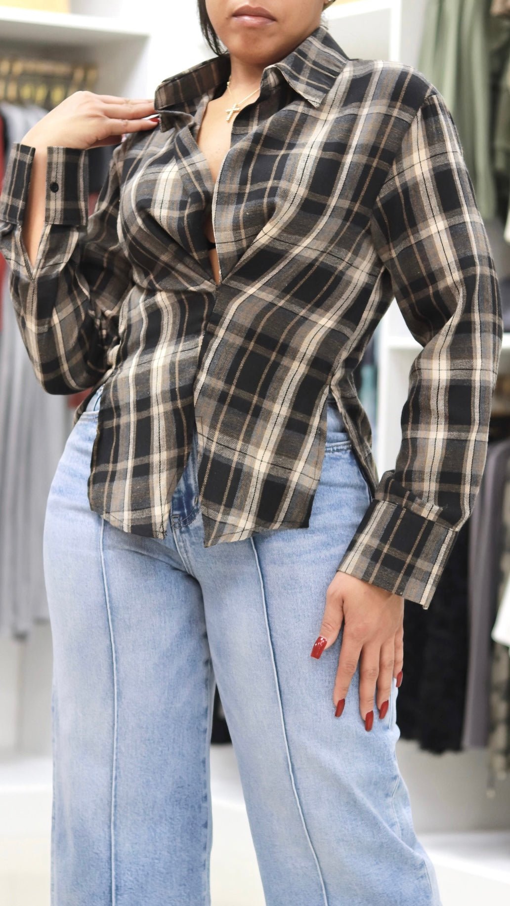 Plunging Plaid Mix Top - The Style Guru
